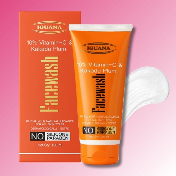 Iguana 10% Vitamin C Kakadu Plum face wash bottle on white background – brightening cleanser.