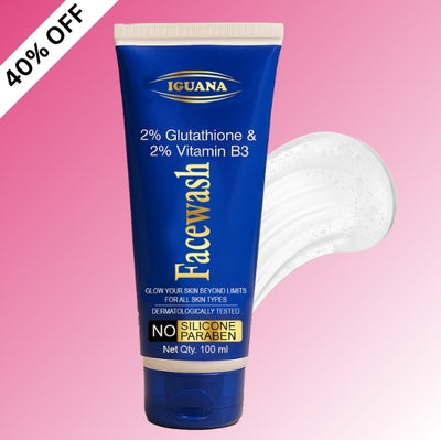 Iguana Facewash tube with blue label on a pink background
