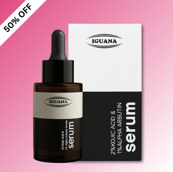 Iguana 2% Kojic Acid + 1% Alpha Arbutin serum dropper bottle on white background – brightening skincare.