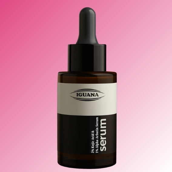 Iguana skincare serum bottle with dropper on a pink background
