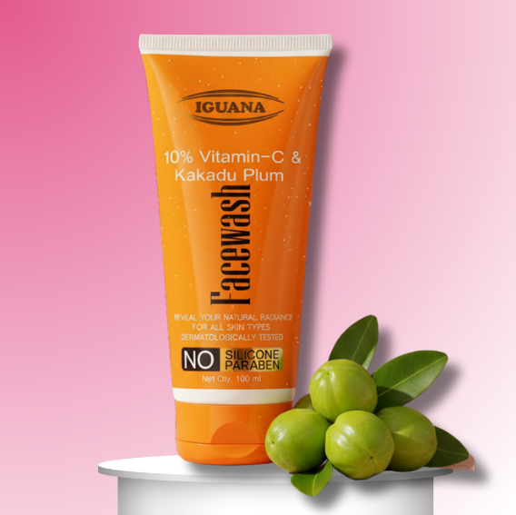 Texture of Iguana Kakadu Plum face wash gel dispensed on palm before application.