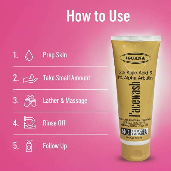 Front view of Iguana face wash bottle highlighting brightening and glow benefits for clear skin.