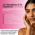 Advertisement for a 2% Glutathione & 2% Vitamin B3 Face Wash with a woman's face on a pink background.