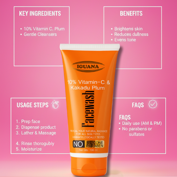 Iguana Kakadu Plum Vitamin C cleanser next to fresh Kakadu plums – natural skincare concept.