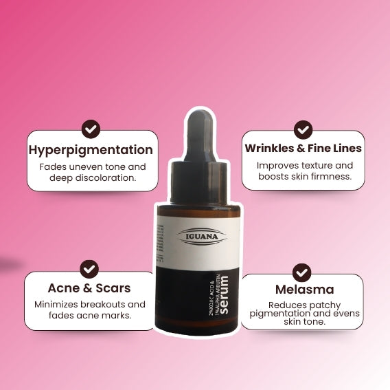 Iguana Kojic Acid + Alpha Arbutin serum on bathroom tray with towel – part of daily skincare routine.