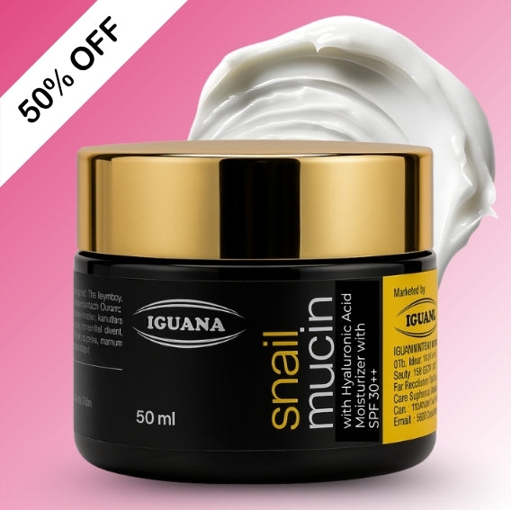 Iguana Snail Mucin and Hyaluronic Acid Moisturizer with SPF 30 for deep hydration and glowing skin.
