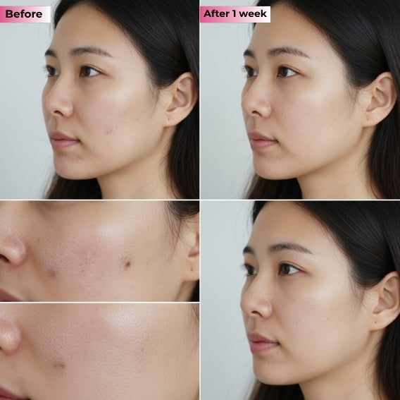 Before and after comparison of a woman's face with acne treatment showing visible improvement.